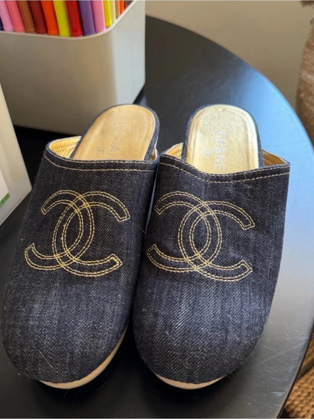 CHANEL Black Denim Logo Slip-On Mules